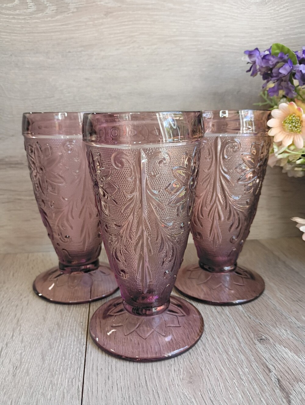 Indiana Glass Amethyst Glass Tumblers Sandwich Plum By Tiara Vintage Set of 3